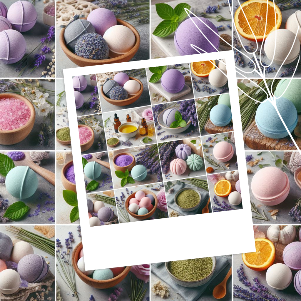 Collage of different bath bomb varieties - lavender, citrus, and other scents. Include images of natural ingredients like lavender, eucalyptus, and oils.