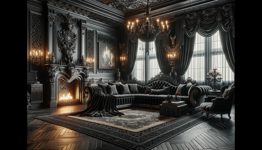A stunning and eye-catching Gothic living room interior showcasing a blend of classic and modern Gothic elements.