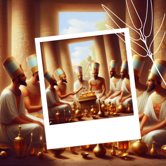 An image of an ancient Egyptian scene showing priests or healers performing aromatherapy rituals using essential oils.