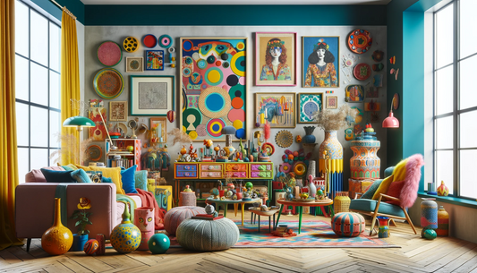 An eclectic and vibrant array of quirky homeware items in an artistically decorated room.