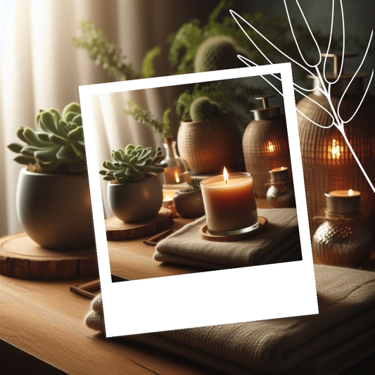 A serene home environment with lit soy candles as the focal point, showcasing a calm and eco-friendly atmosphere.
