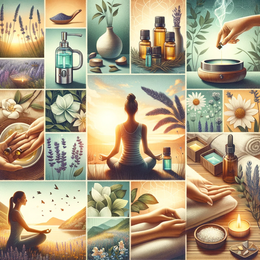 A collage-style blog featured image for the article 'The Ultimate Guide to Essential Oils and Aromatherapy: Unleash Tranquility'. 