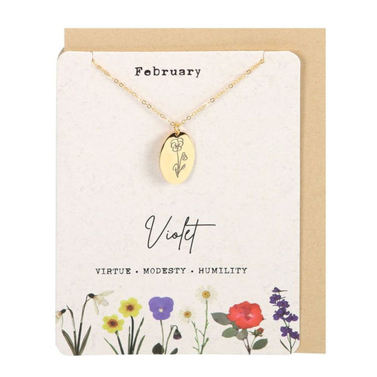 Jewellery: February Violet Birth Flower Necklace Card