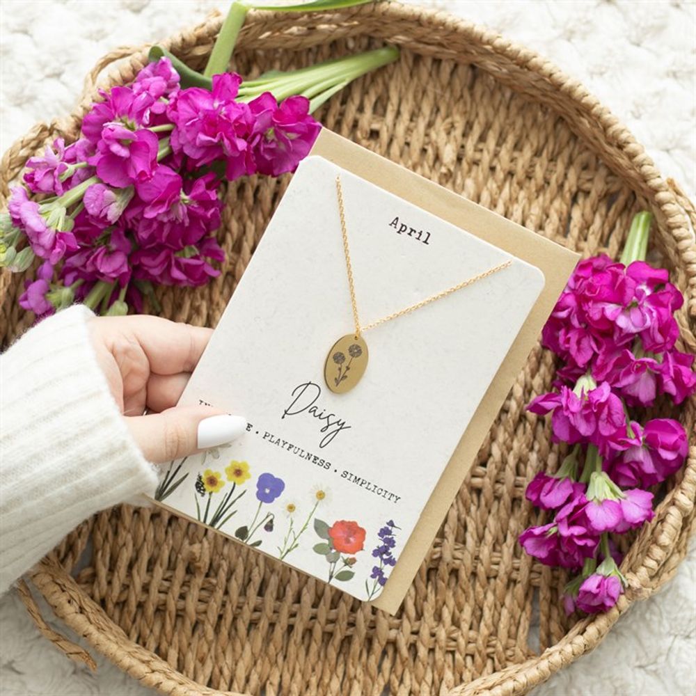 Jewellery: April Daisy Birth Flower Necklace Card