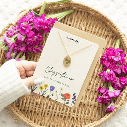 Jewellery: November Chrysanthemum Birth Flower Necklace Card