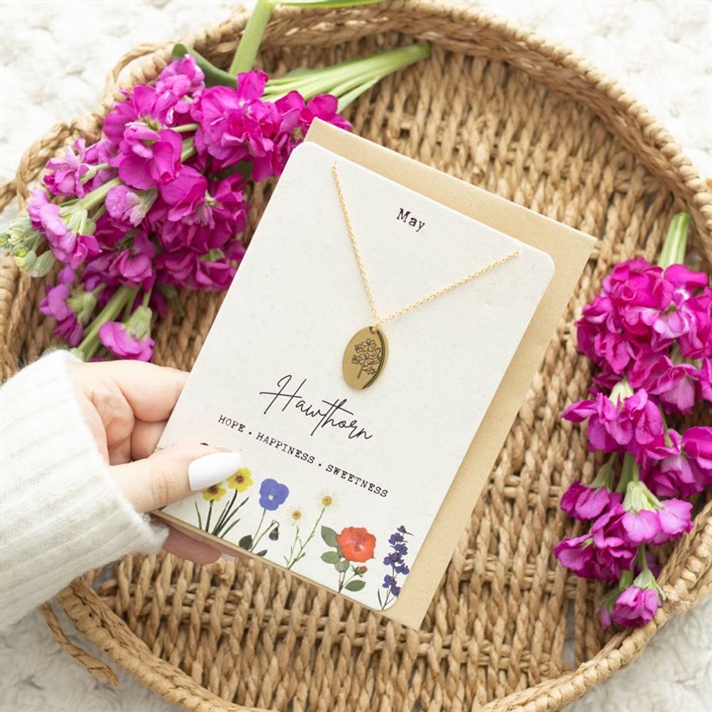 Jewellery: May Hawthorn Birth Flower Necklace Card