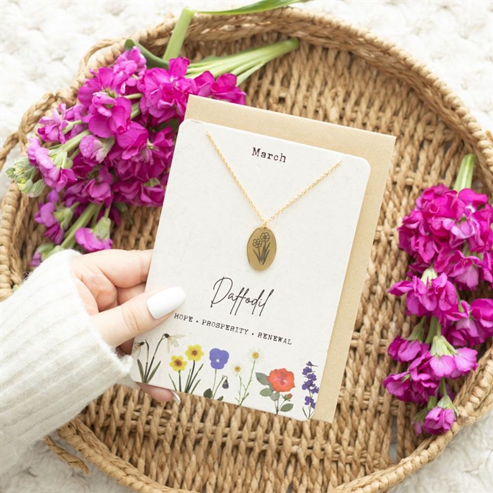Jewellery: March Daffodil Birth Flower Necklace Card