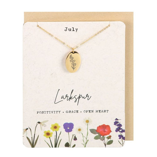 Jewellery: July Larkspur Birth Flower Necklace Card