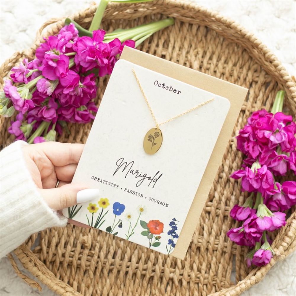 Jewellery: October Marigold Birth Flower Necklace Card