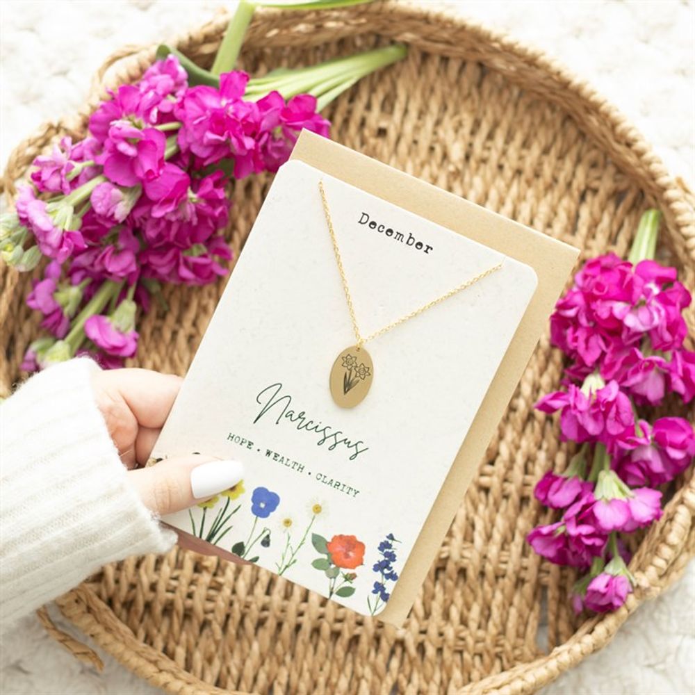 Jewellery: December Narcissus Birth Flower Necklace Card