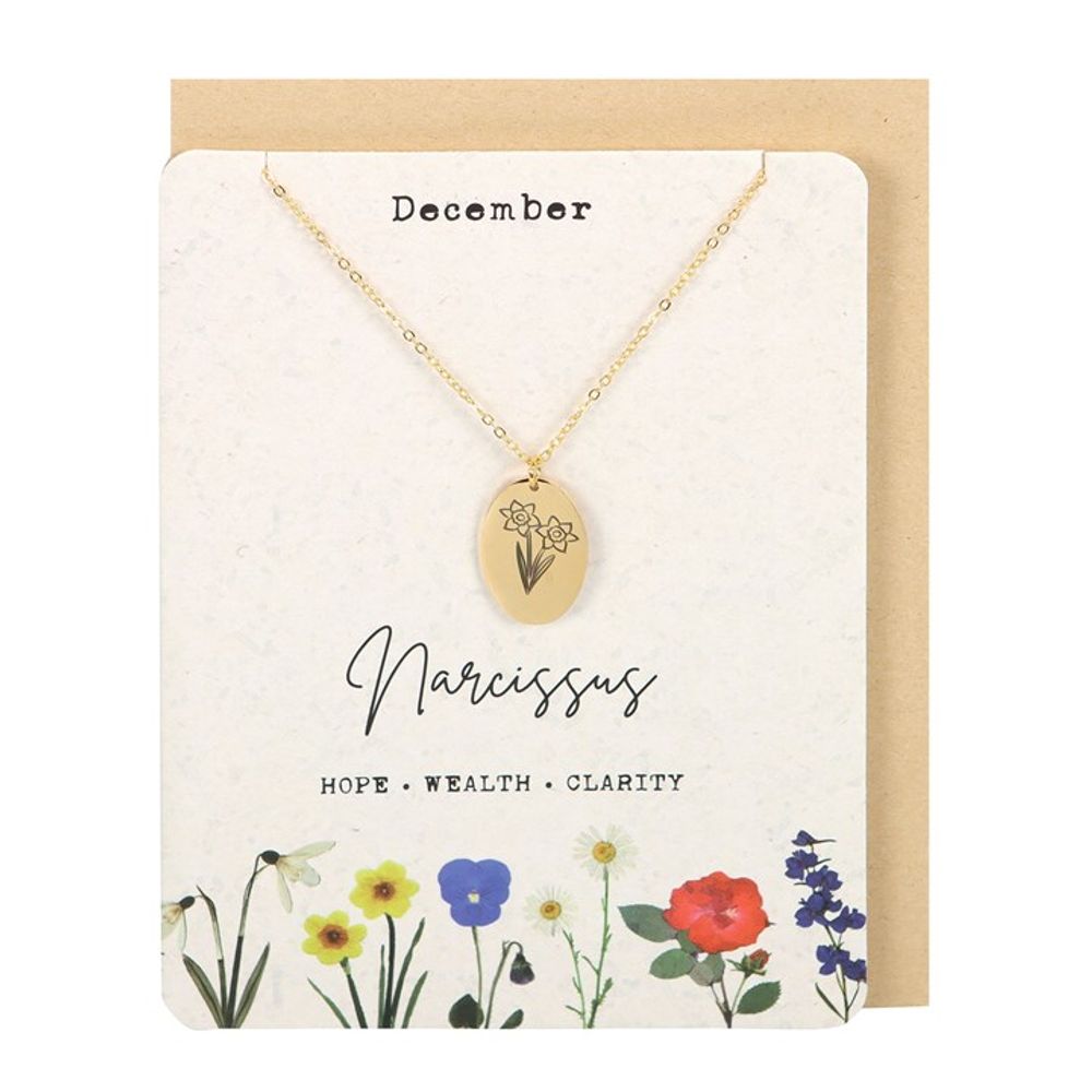 Jewellery: December Narcissus Birth Flower Necklace Card