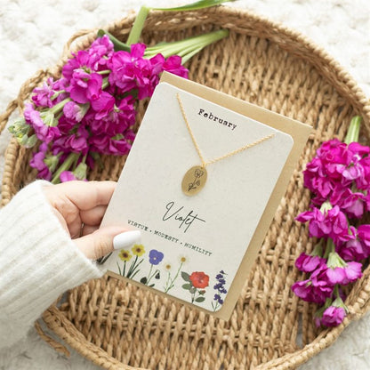 Jewellery: February Violet Birth Flower Necklace Card