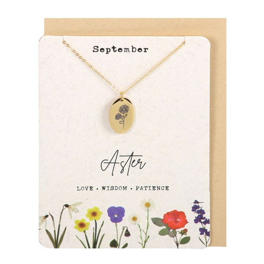 Jewellery: September Aster Birth Flower Necklace Card