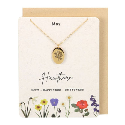 Jewellery: May Hawthorn Birth Flower Necklace Card