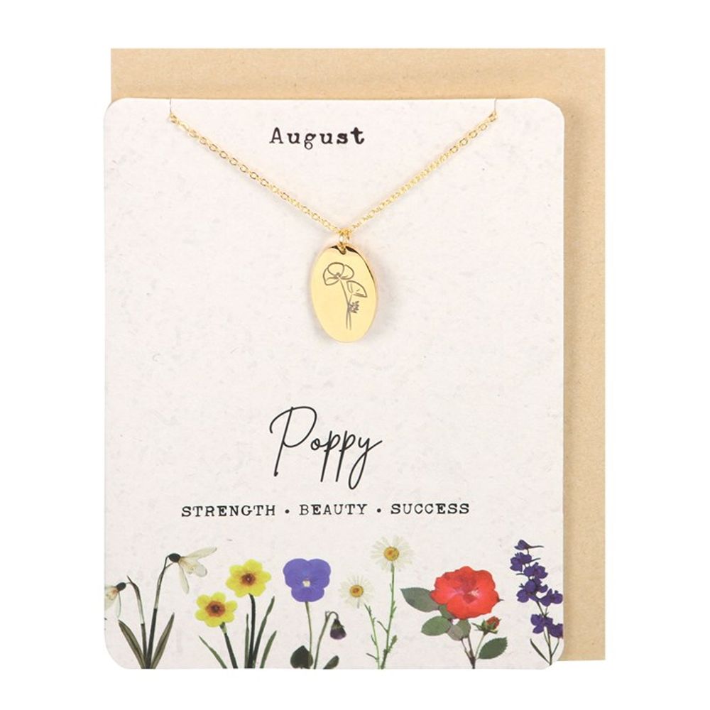 Jewellery: August Poppy Birth Flower Necklace Card