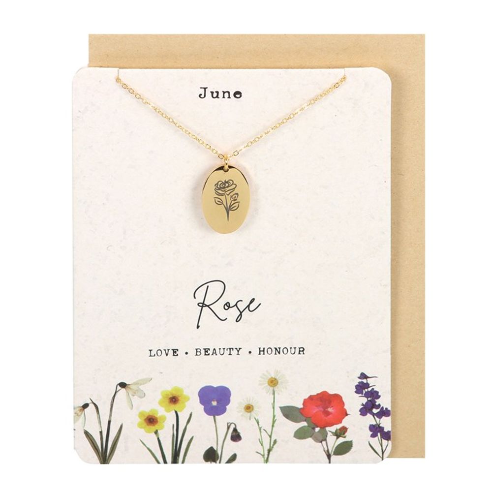 Jewellery: June Rose Birth Flower Necklace Card